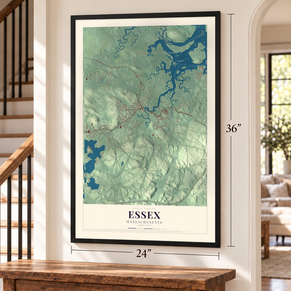 Essex, Massachusetts map, 24 x 36 inch print in a black frame by a staircase