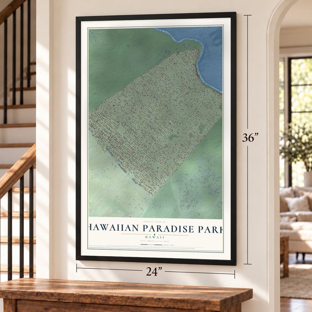Hawaiian Paradise Park, Hawaii map, 24 x 36 inch print in a black frame by a staircase