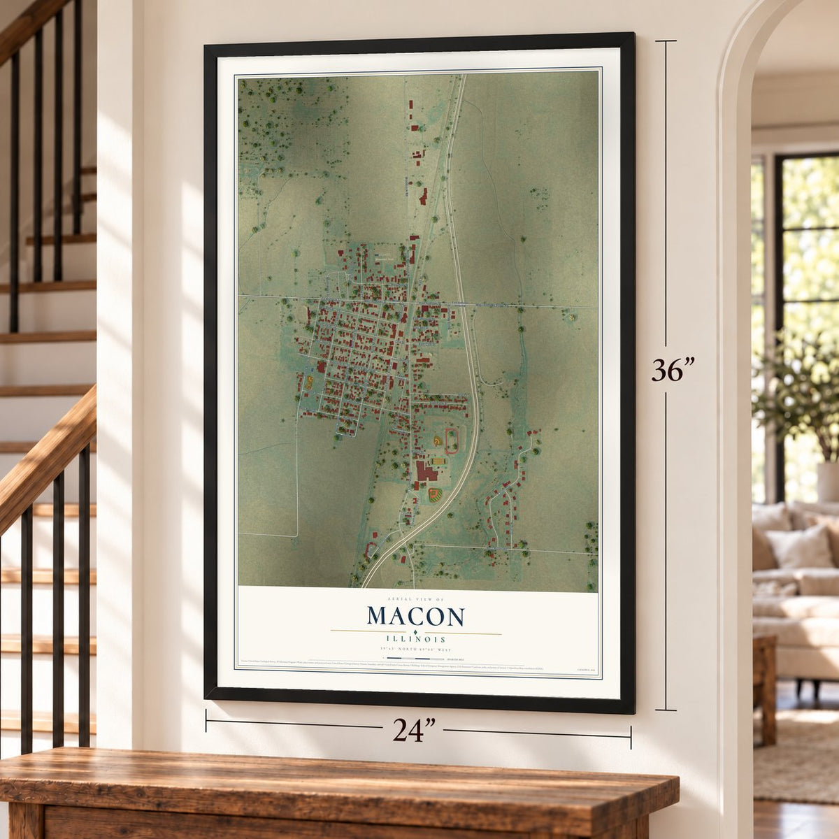 Macon, Illinois map, 24 x 36 inch print in a black frame by a staircase