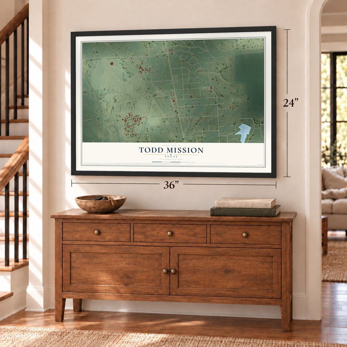 Todd Mission, Texas map, 24 x 36 inch print in a black frame above a dresser by a staircase