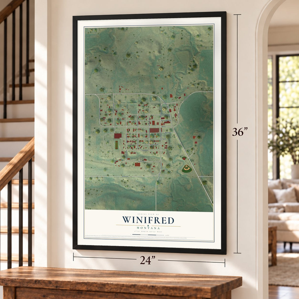 Winifred, Montana map, 24 x 36 inch print in a black frame by a staircase