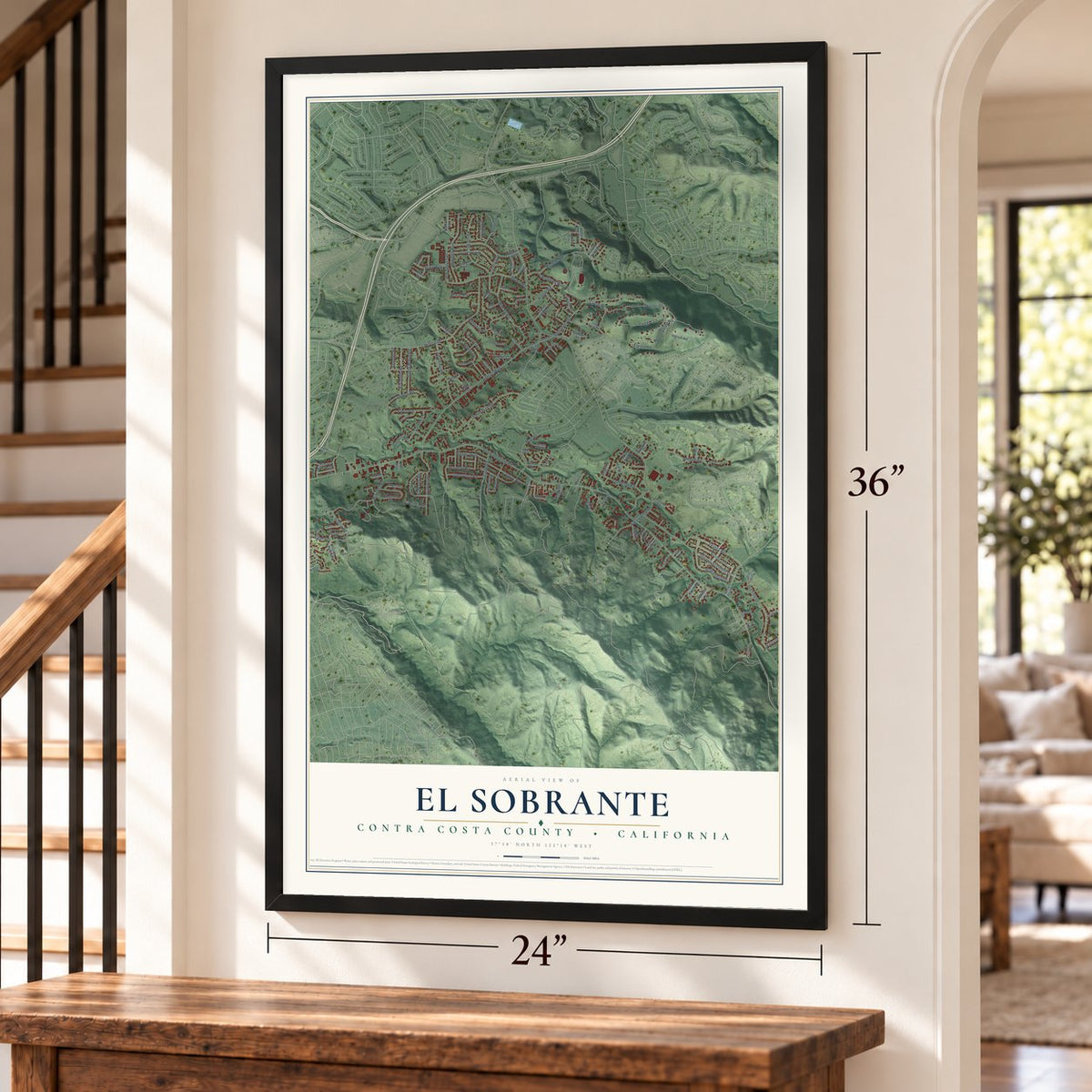 El Sobrante, Contra Costa County, California map, 24 x 36 inch print in a black frame by a staircase