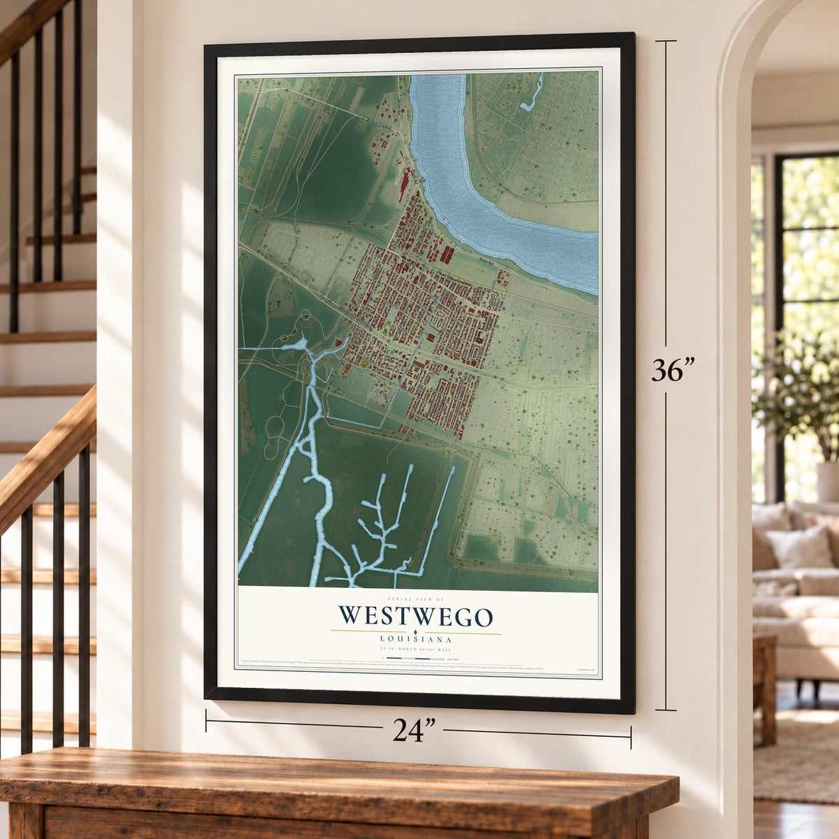 Westwego, Louisiana map, 24 x 36 inch print in a black frame by a staircase