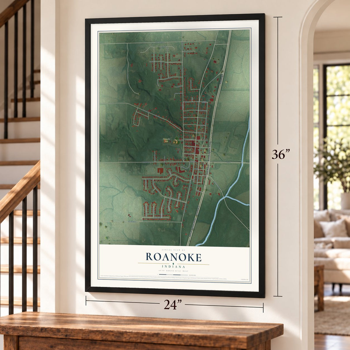 Roanoke, Indiana map, 24 x 36 inch print in a black frame by a staircase
