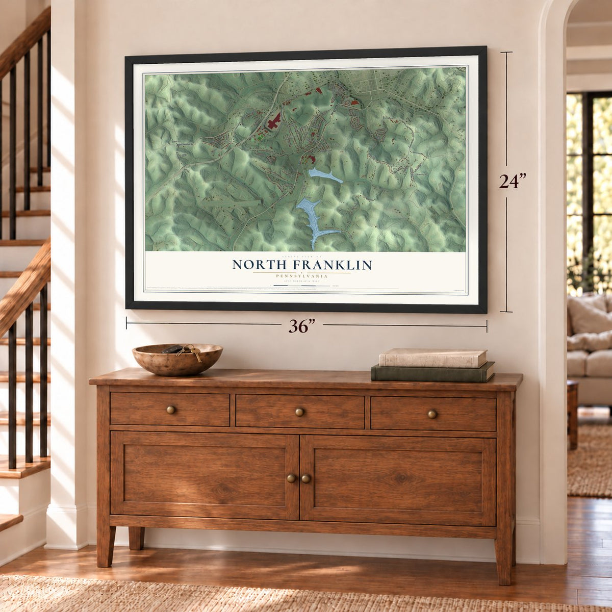 North Franklin, Pennsylvania map, 24 x 36 inch print in a black frame above a dresser by a staircase