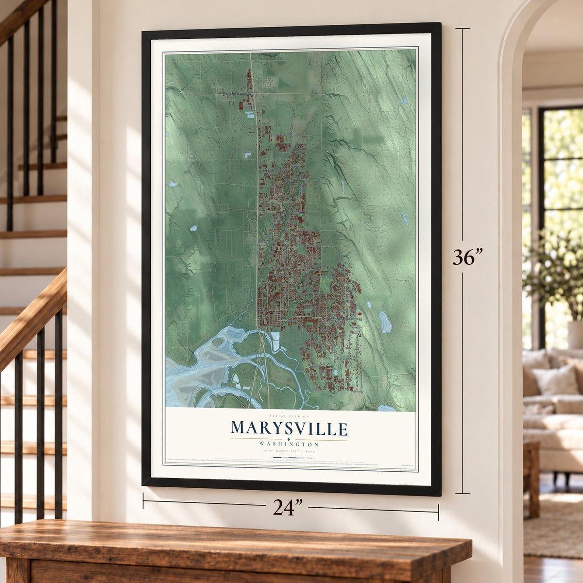 Marysville, Washington map, 24 x 36 inch print in a black frame by a staircase