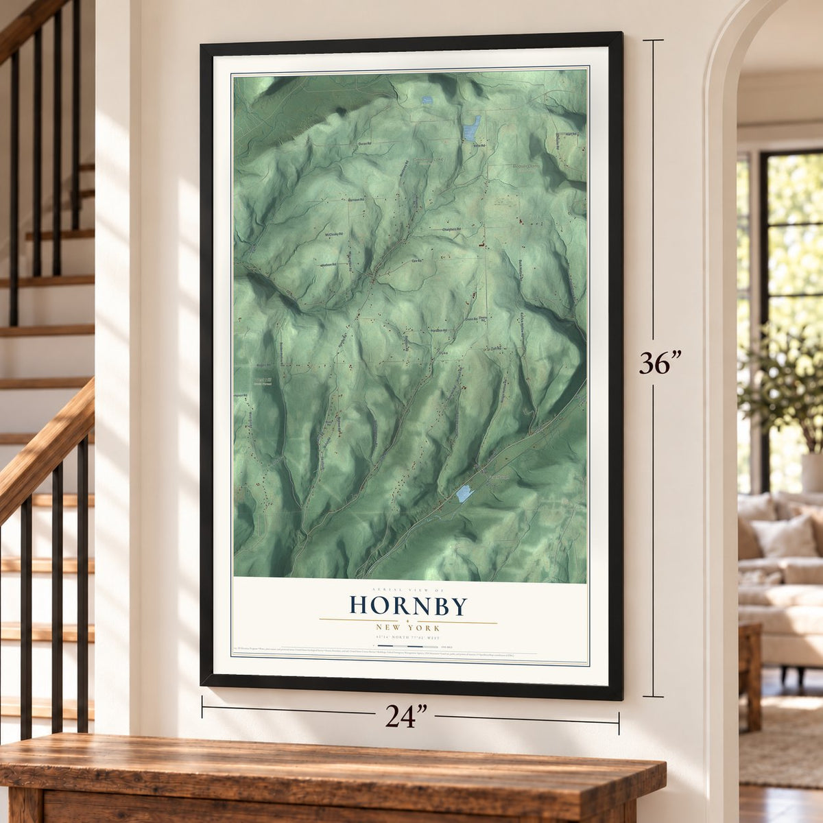 Hornby, New York map, 24 x 36 inch print in a black frame by a staircase