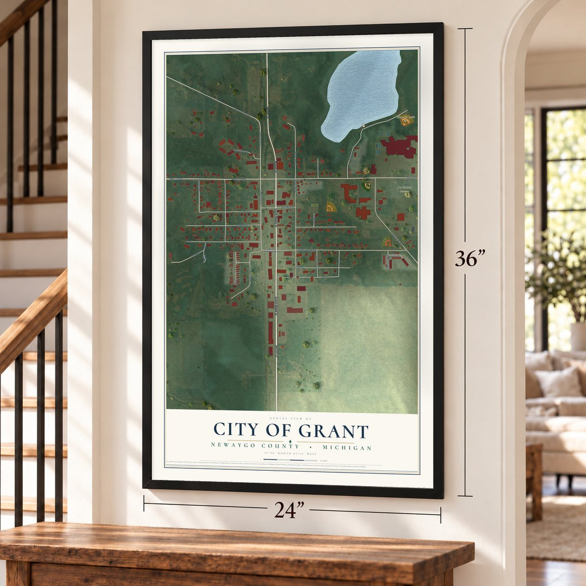 Grant, Michigan map, 24 x 36 inch print in a black frame by a staircase