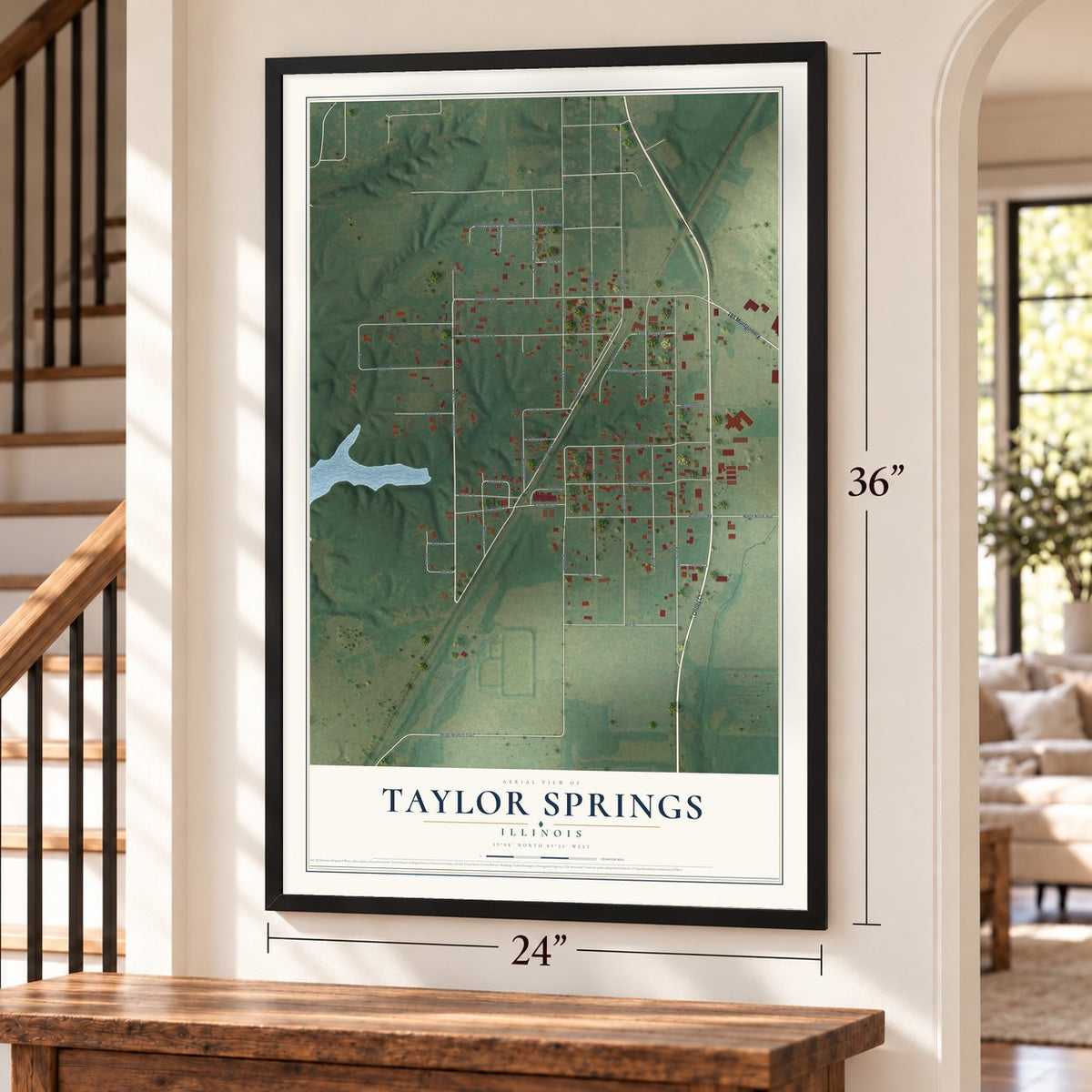 Taylor Springs, Illinois map, 24 x 36 inch print in a black frame by a staircase