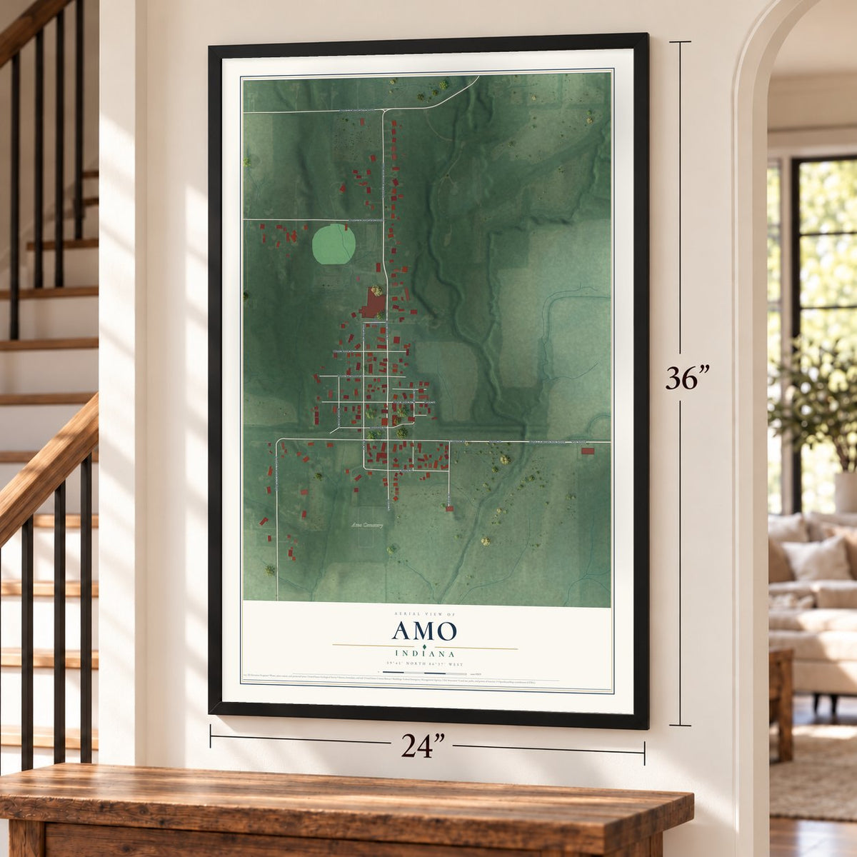 Amo, Indiana map, 24 x 36 inch print in a black frame by a staircase