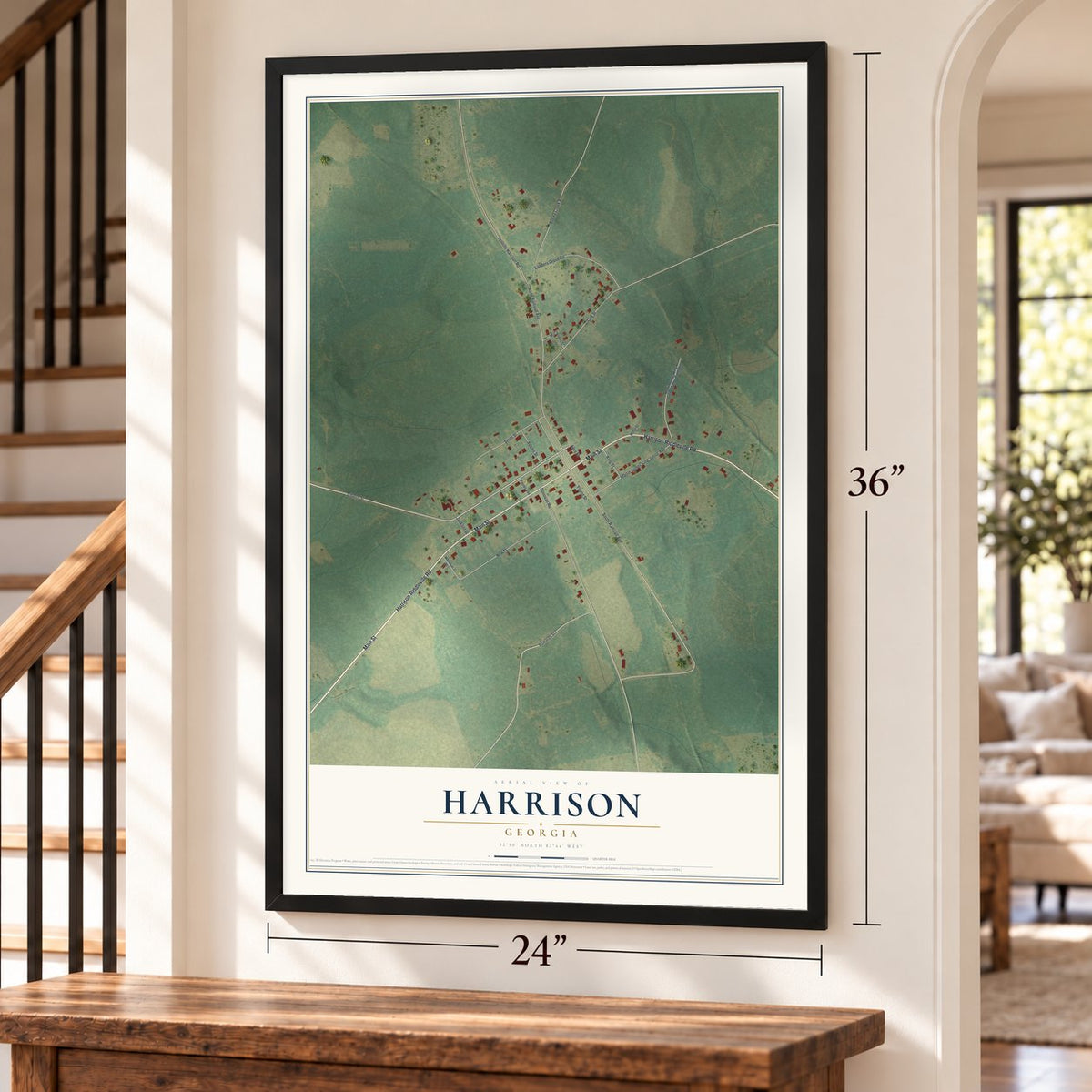 Harrison, Georgia map, 24 x 36 inch print in a black frame by a staircase