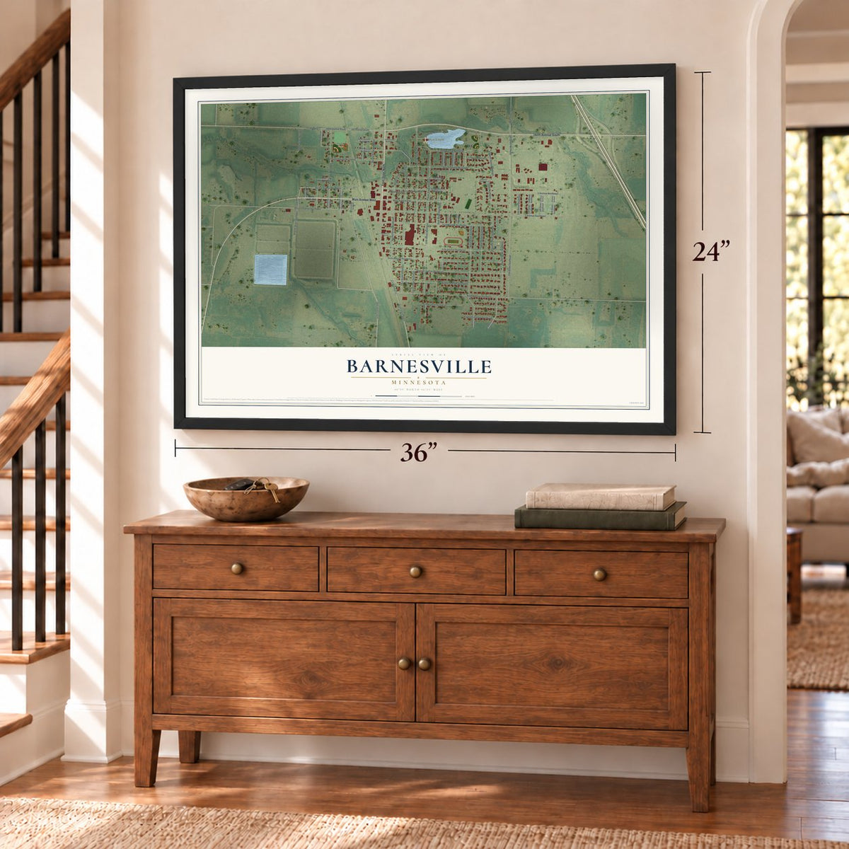 Barnesville, Minnesota map, 24 x 36 inch print in a black frame above a dresser by a staircase