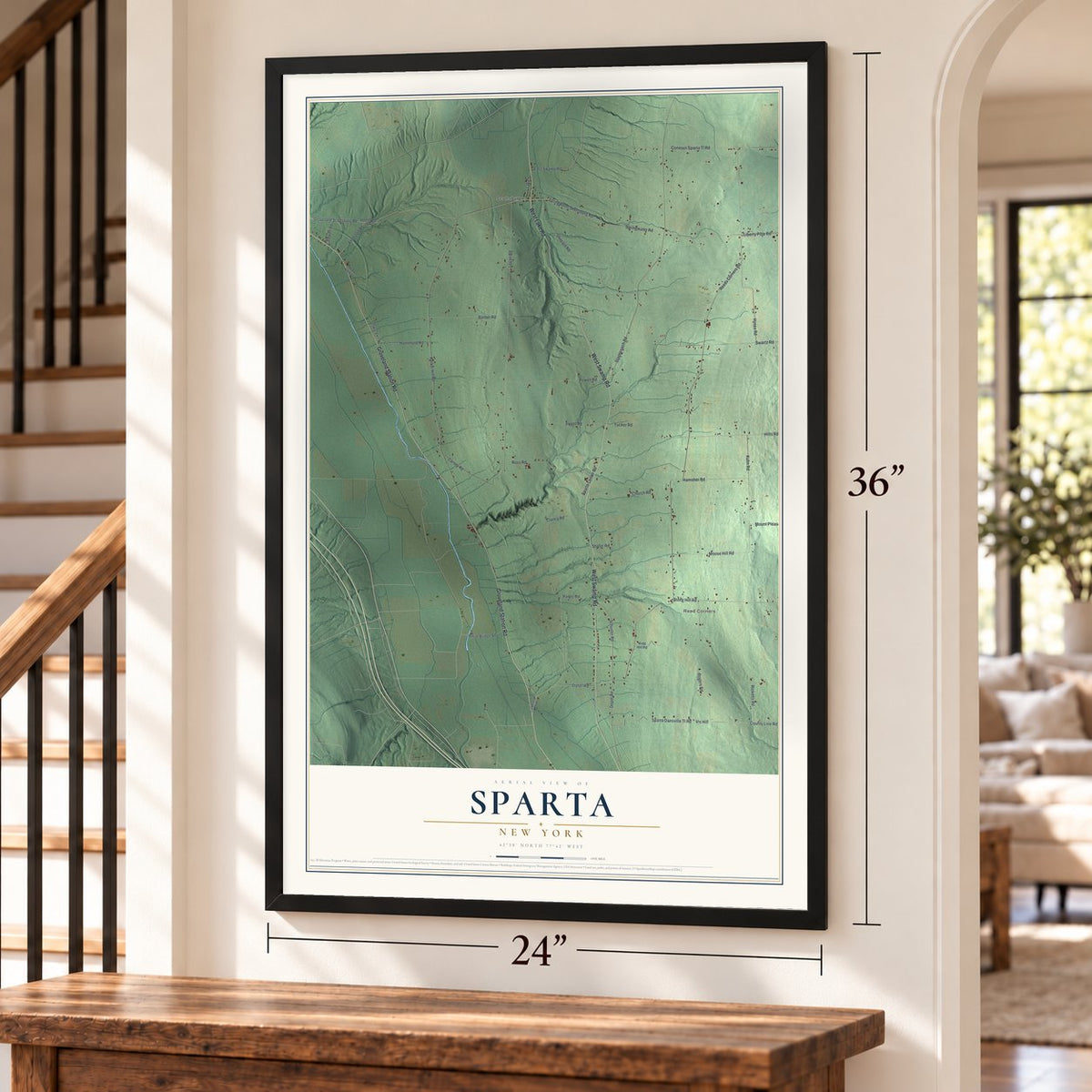Sparta, New York map, 24 x 36 inch print in a black frame by a staircase