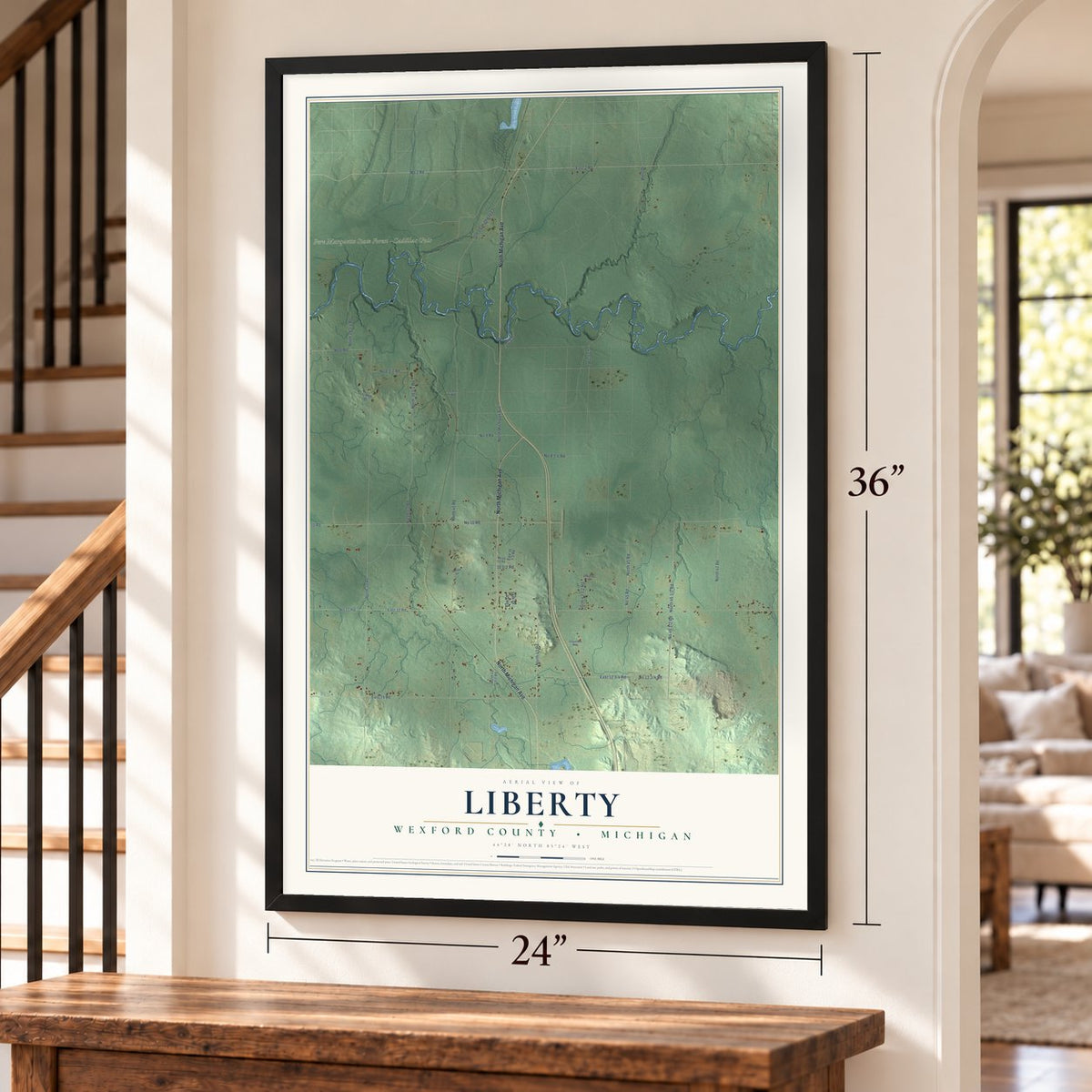 Liberty, Wexford County, Michigan map, 24 x 36 inch print in a black frame by a staircase