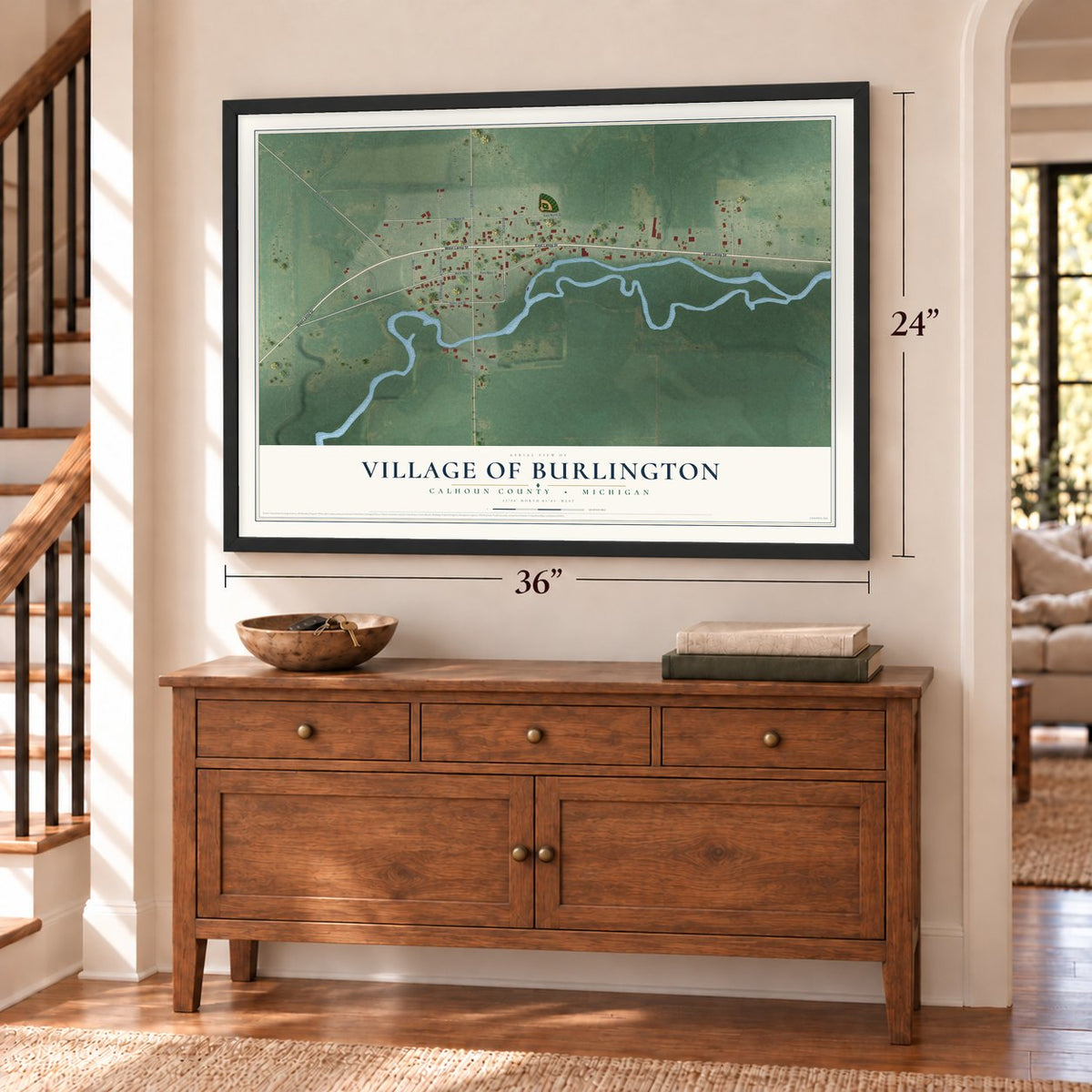 Burlington, Michigan map, 24 x 36 inch print in a black frame above a dresser by a staircase