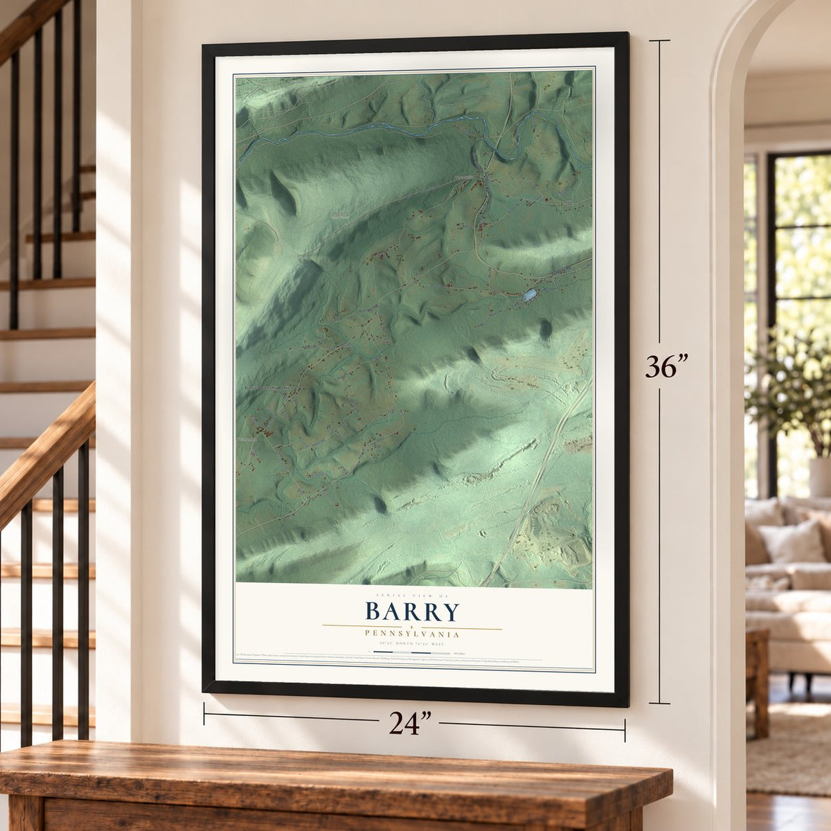 Barry, Pennsylvania map, 24 x 36 inch print in a black frame by a staircase