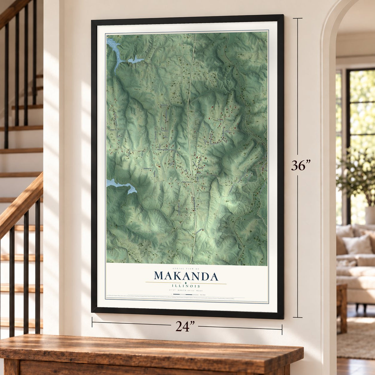Makanda, Illinois map, 24 x 36 inch print in a black frame by a staircase