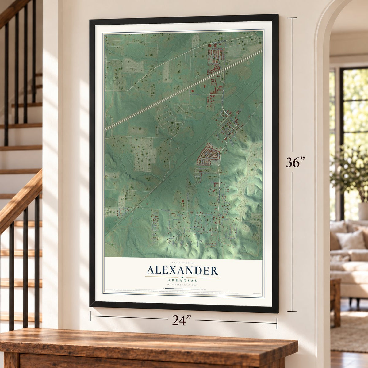 Alexander, Arkansas map, 24 x 36 inch print in a black frame by a staircase