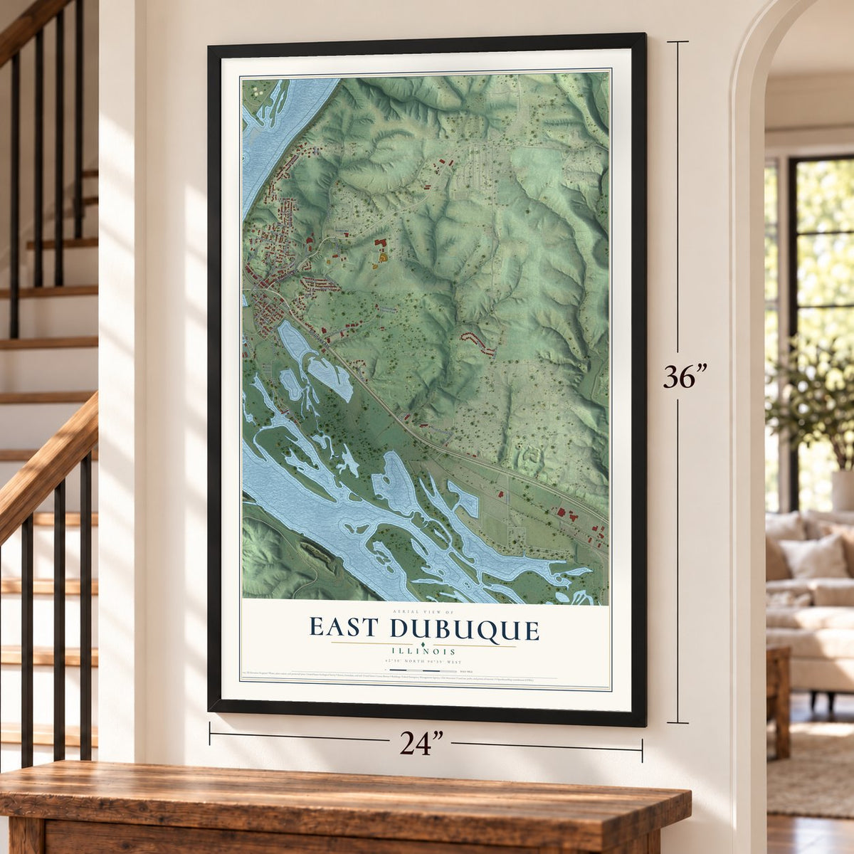 East Dubuque, Illinois map, 24 x 36 inch print in a black frame by a staircase