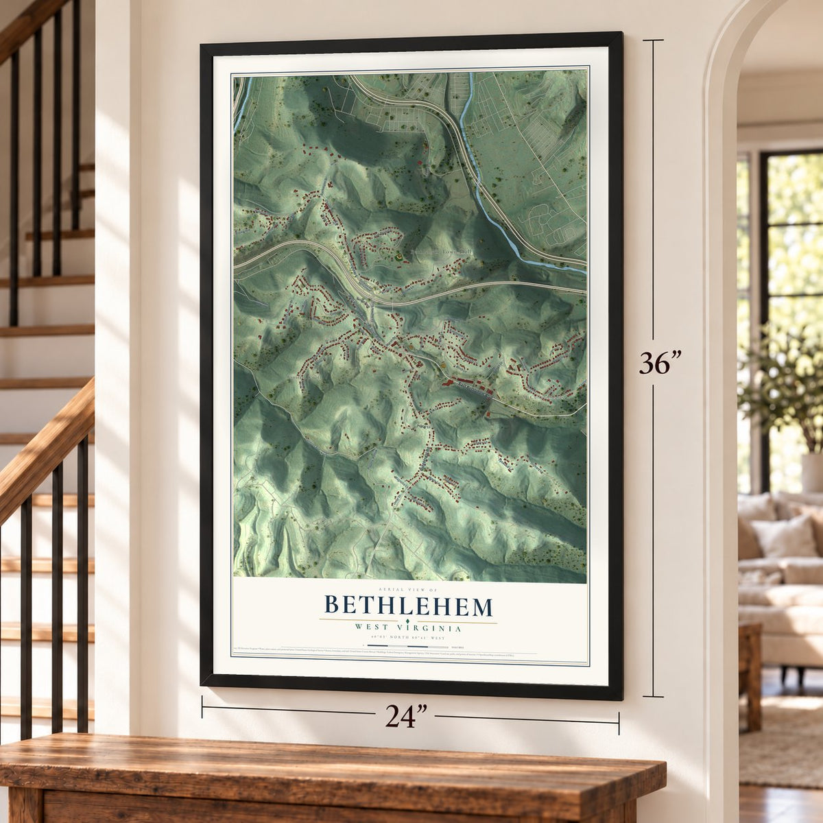 Bethlehem, West Virginia map, 24 x 36 inch print in a black frame by a staircase