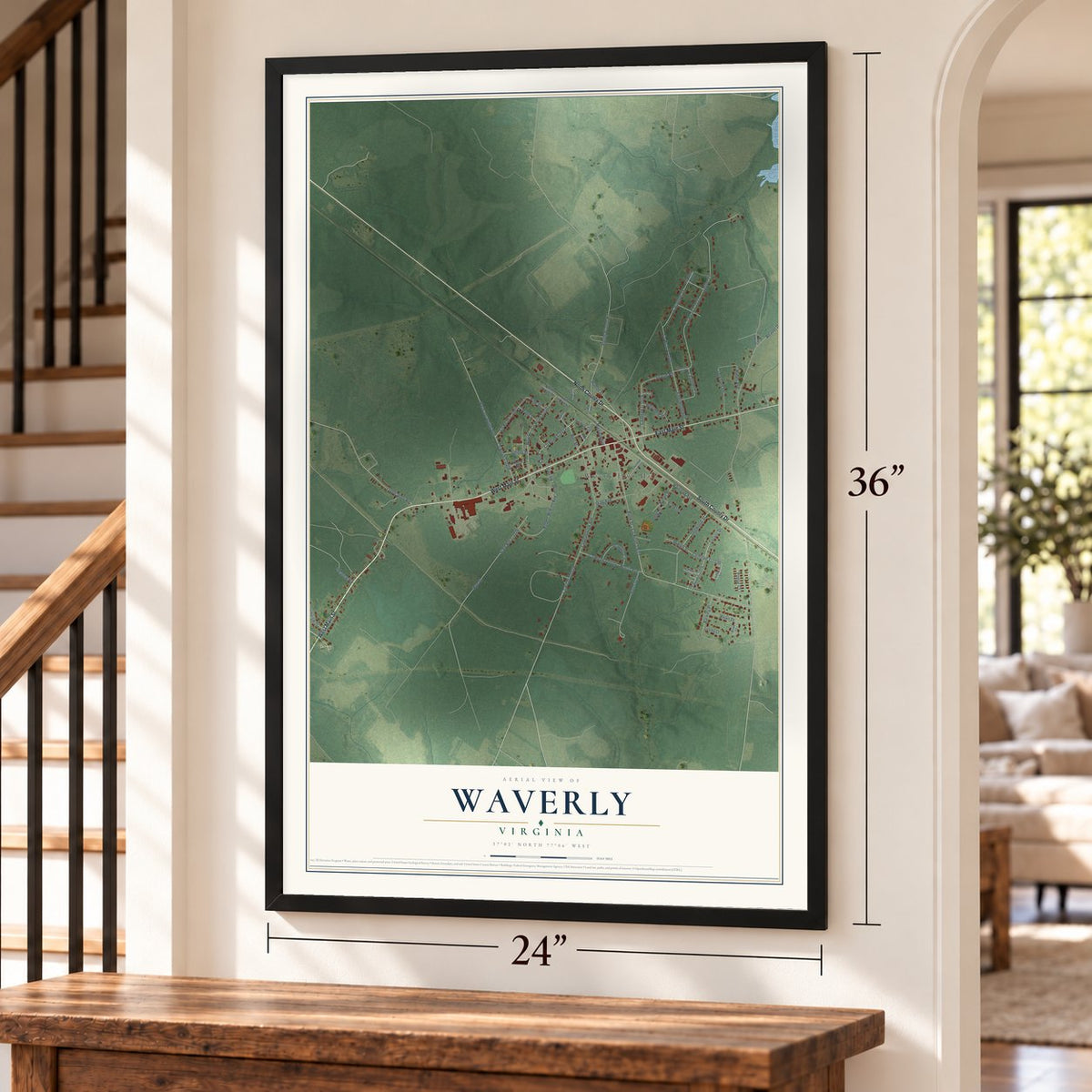 Waverly, Virginia map, 24 x 36 inch print in a black frame by a staircase