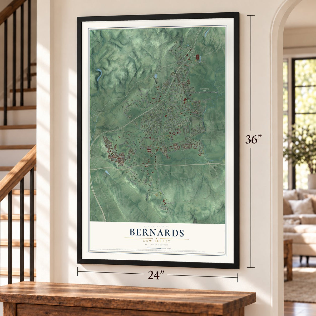 Bernards, New Jersey map, 24 x 36 inch print in a black frame by a staircase
