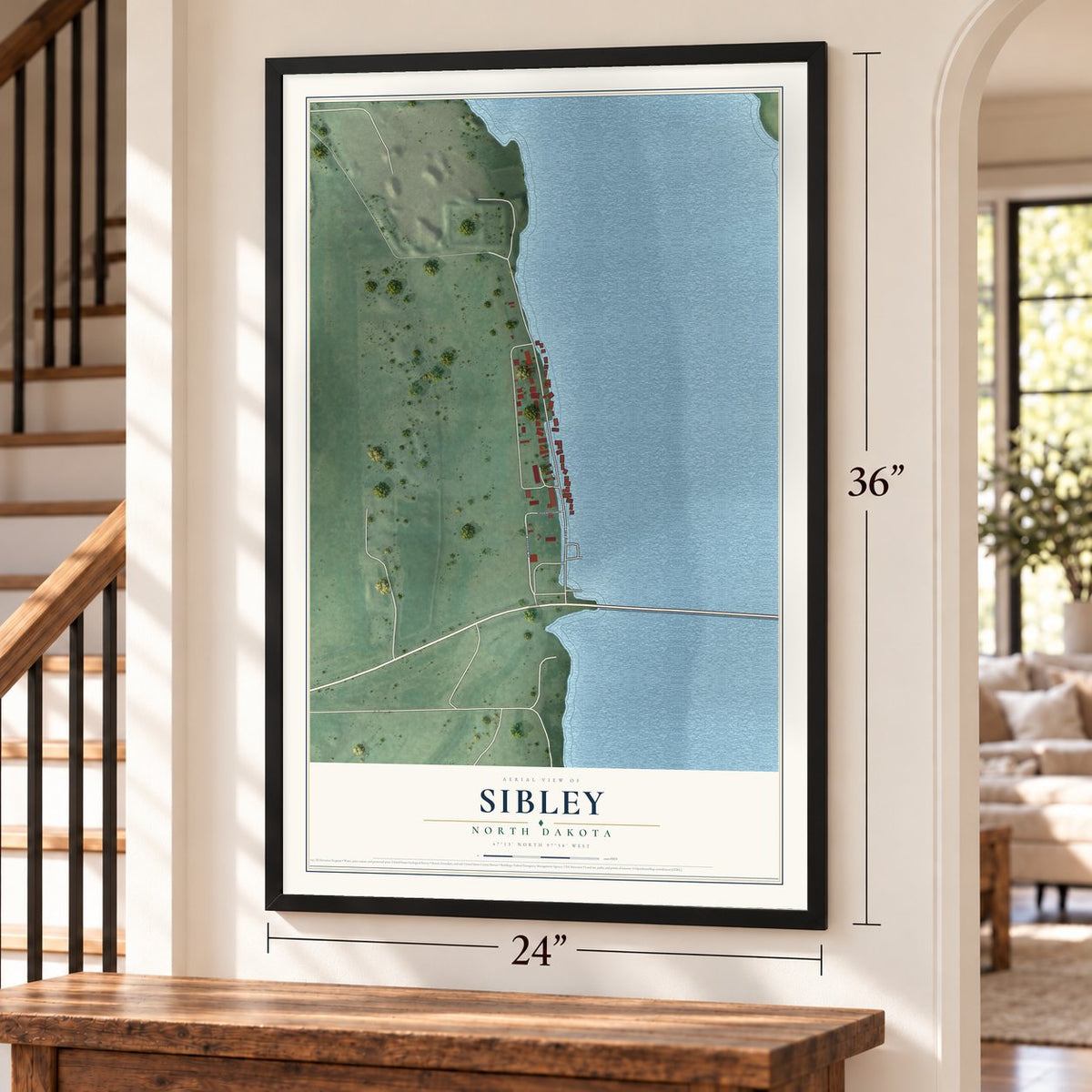 Sibley, North Dakota map, 24 x 36 inch print in a black frame by a staircase