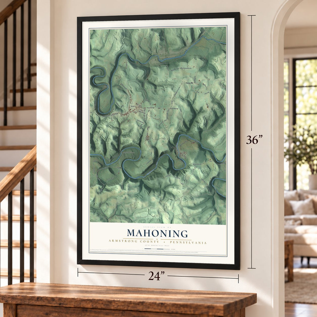 Mahoning, Armstrong County, Pennsylvania map, 24 x 36 inch print in a black frame by a staircase