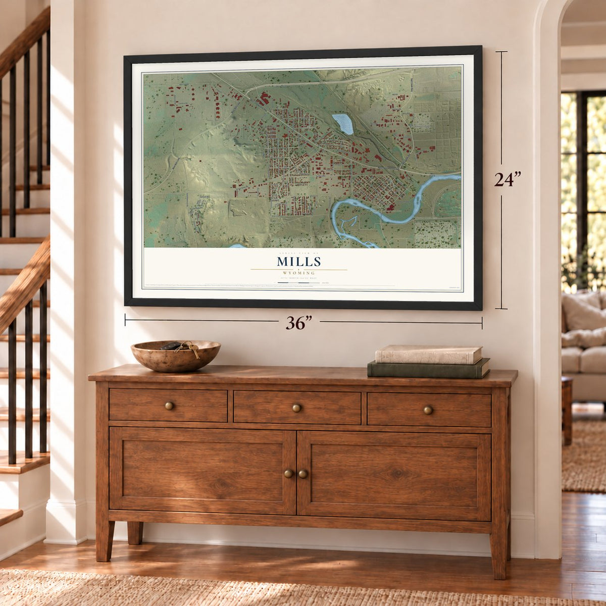 Mills, Wyoming map, 24 x 36 inch print in a black frame above a dresser by a staircase