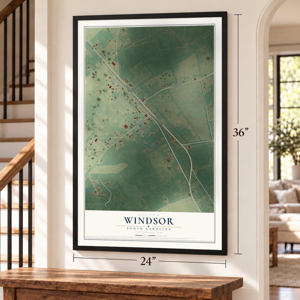 Windsor, South Carolina map, 24 x 36 inch print in a black frame by a staircase