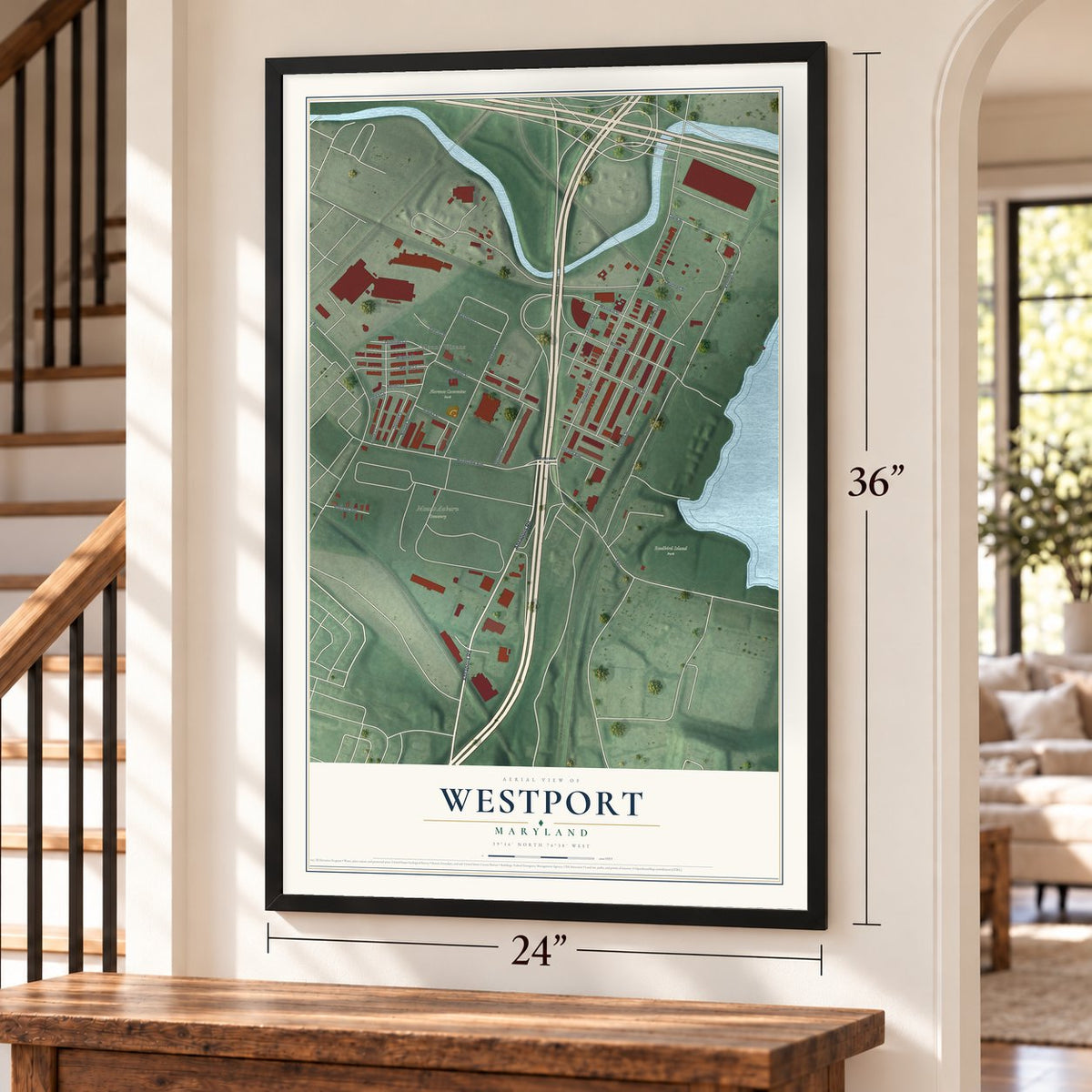 Westport, Maryland map, 24 x 36 inch print in a black frame by a staircase
