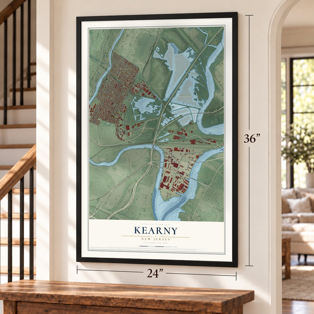 Kearny, New Jersey map, 24 x 36 inch print in a black frame by a staircase