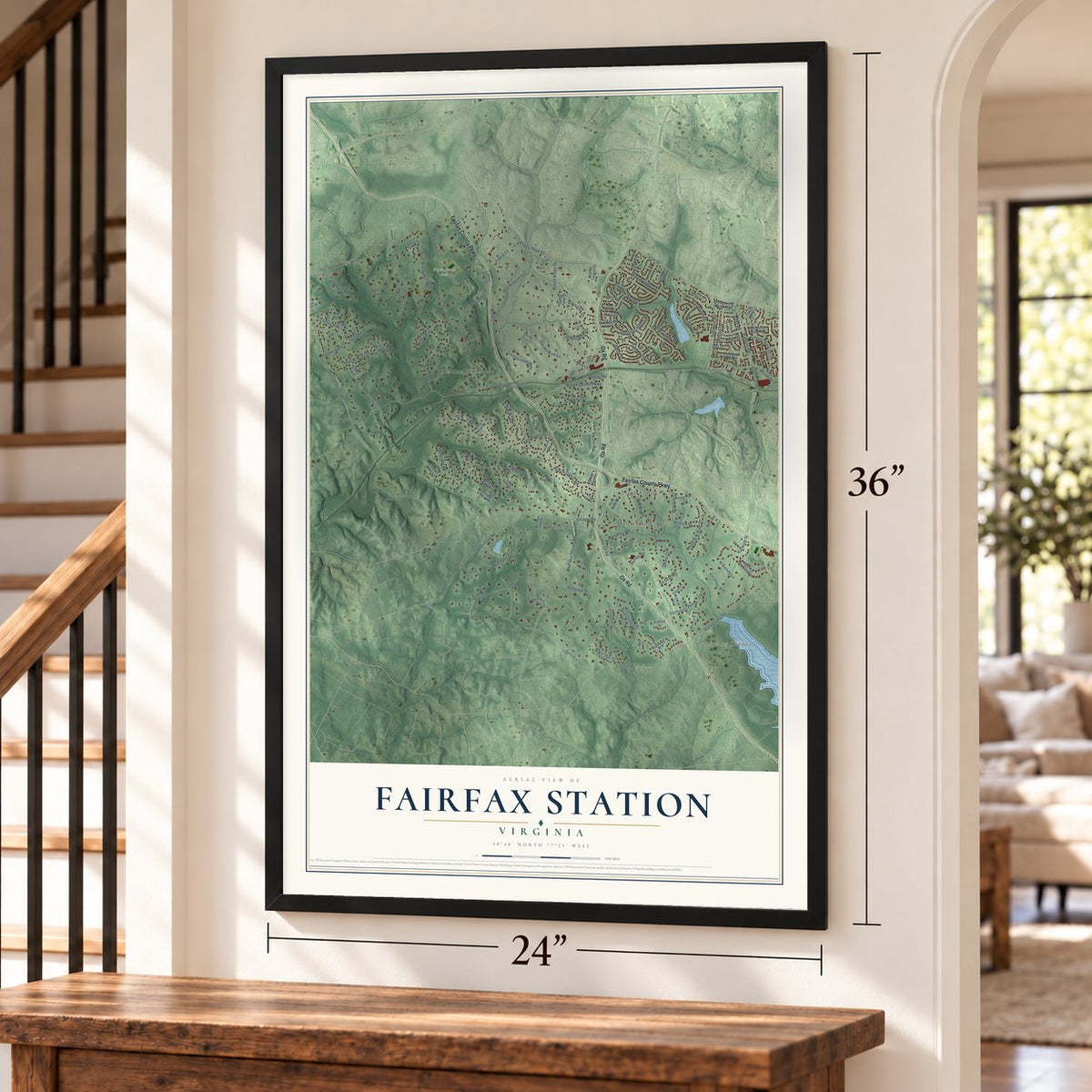 Fairfax Station, Virginia map, 24 x 36 inch print in a black frame by a staircase