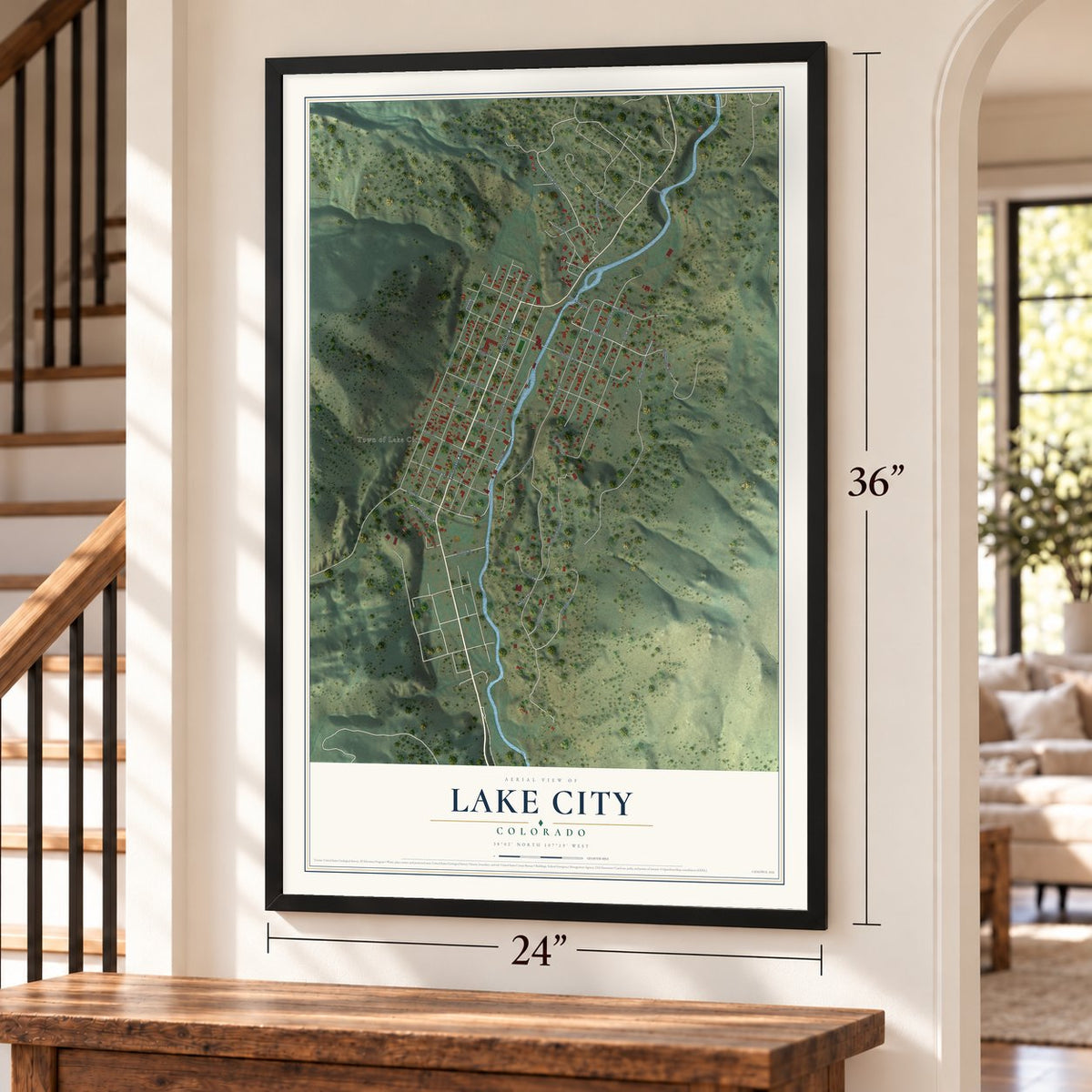Lake City, Colorado map, 24 x 36 inch print in a black frame by a staircase