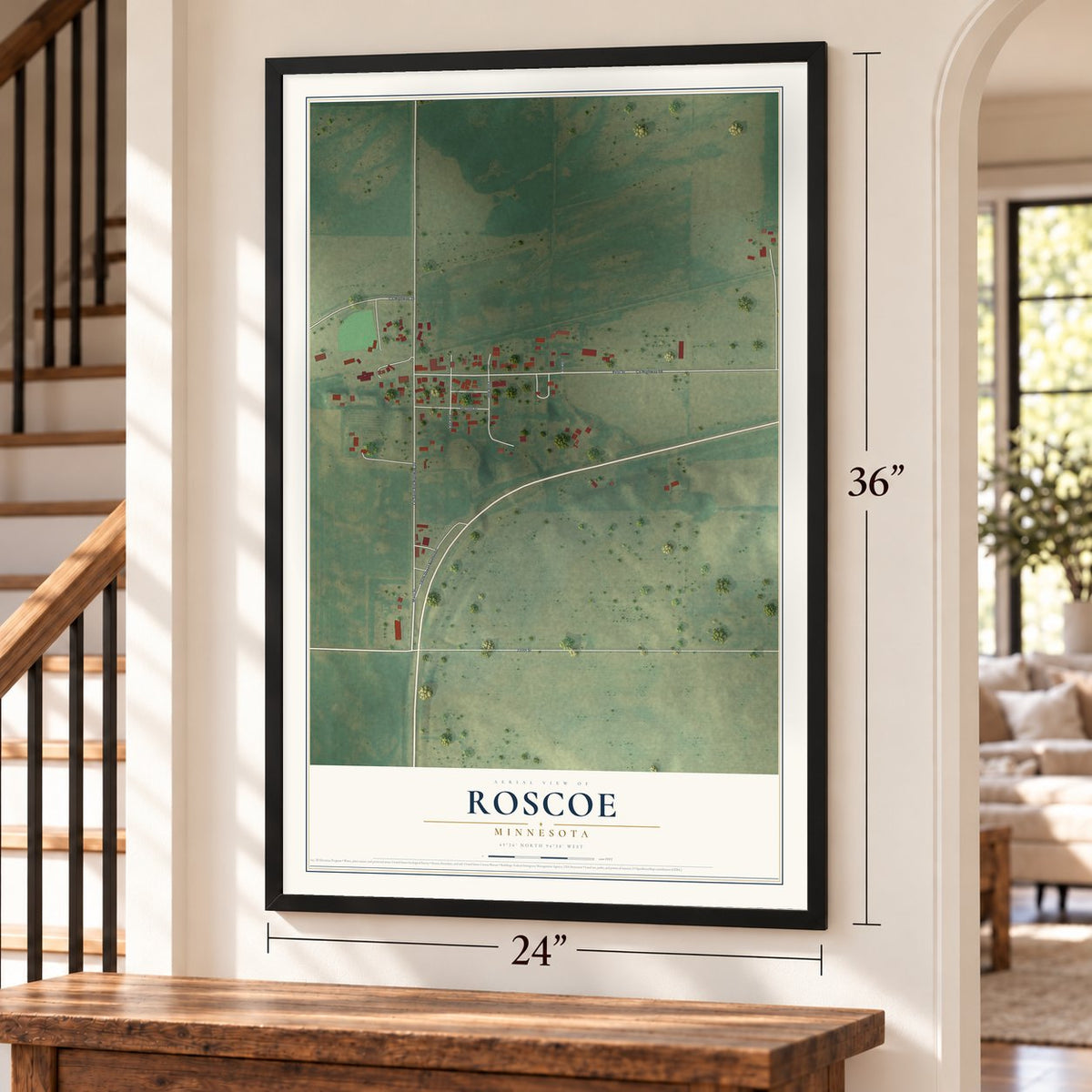 Roscoe, Minnesota map, 24 x 36 inch print in a black frame by a staircase