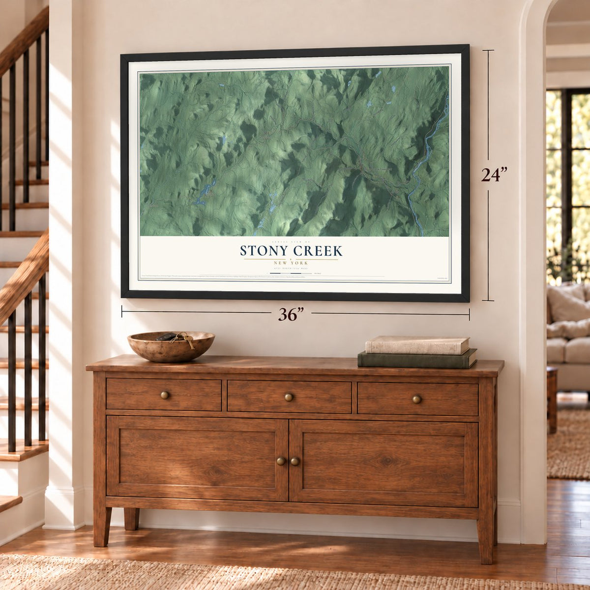 Stony Creek, New York map, 24 x 36 inch print in a black frame above a dresser by a staircase