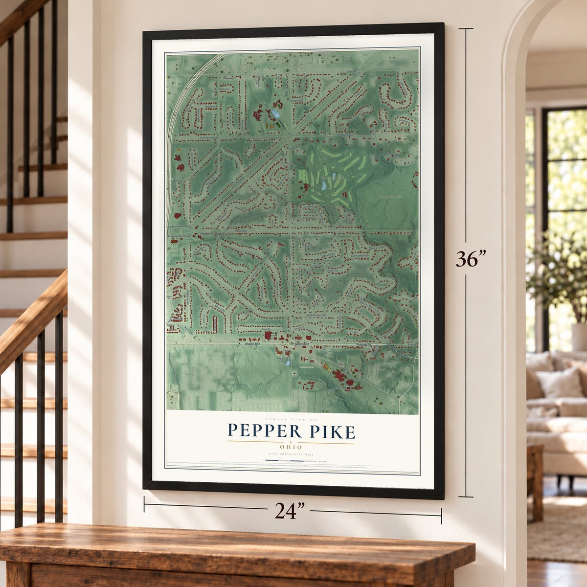 Pepper Pike, Ohio map, 24 x 36 inch print in a black frame by a staircase
