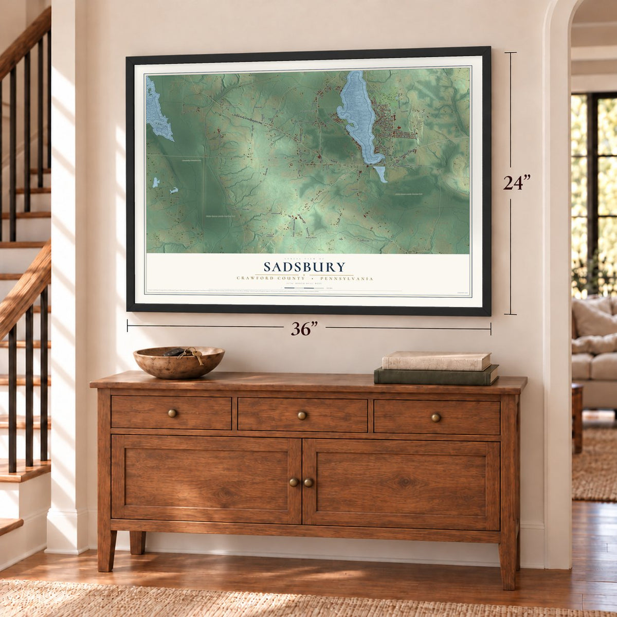 Sadsbury, Crawford County, Pennsylvania map, 24 x 36 inch print in a black frame above a dresser by a staircase