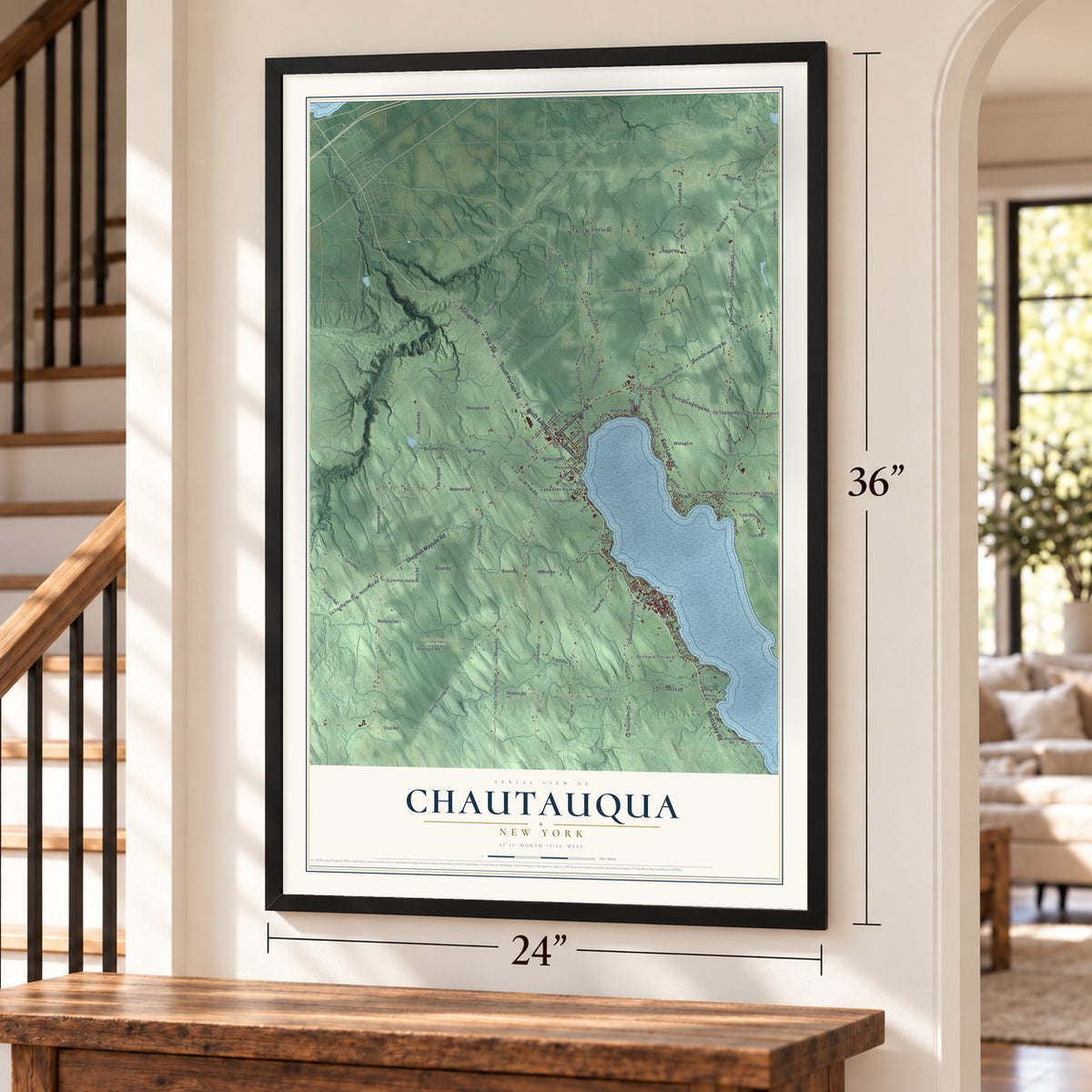 Chautauqua, New York map, 24 x 36 inch print in a black frame by a staircase
