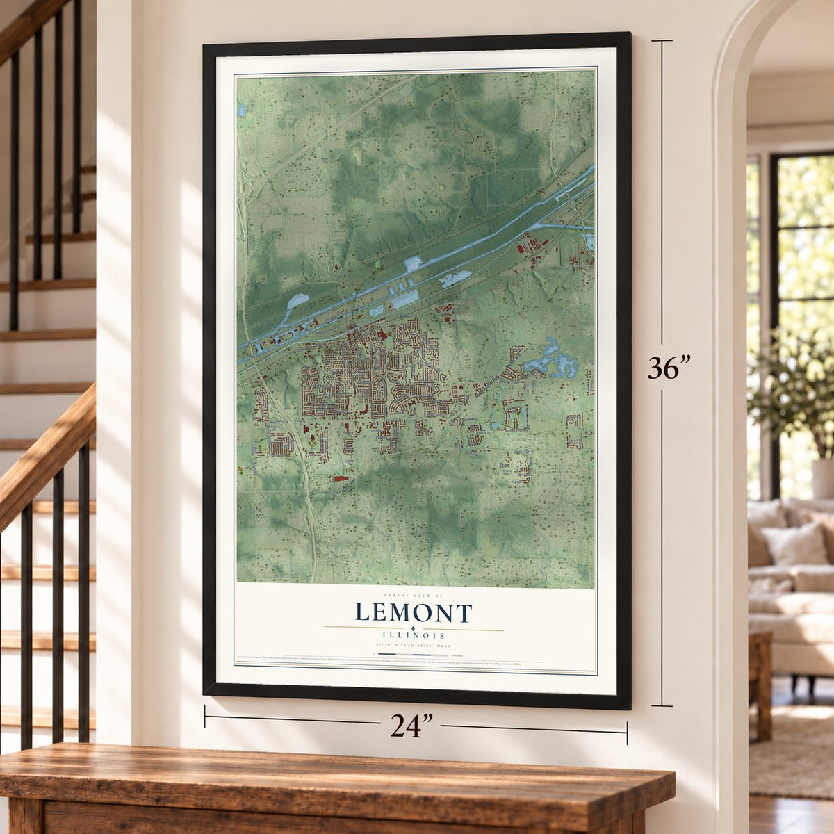 Lemont, Illinois map, 24 x 36 inch print in a black frame by a staircase