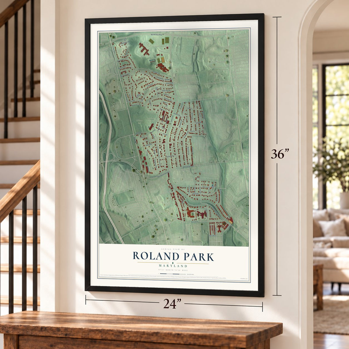 Roland Park, Maryland map, 24 x 36 inch print in a black frame by a staircase