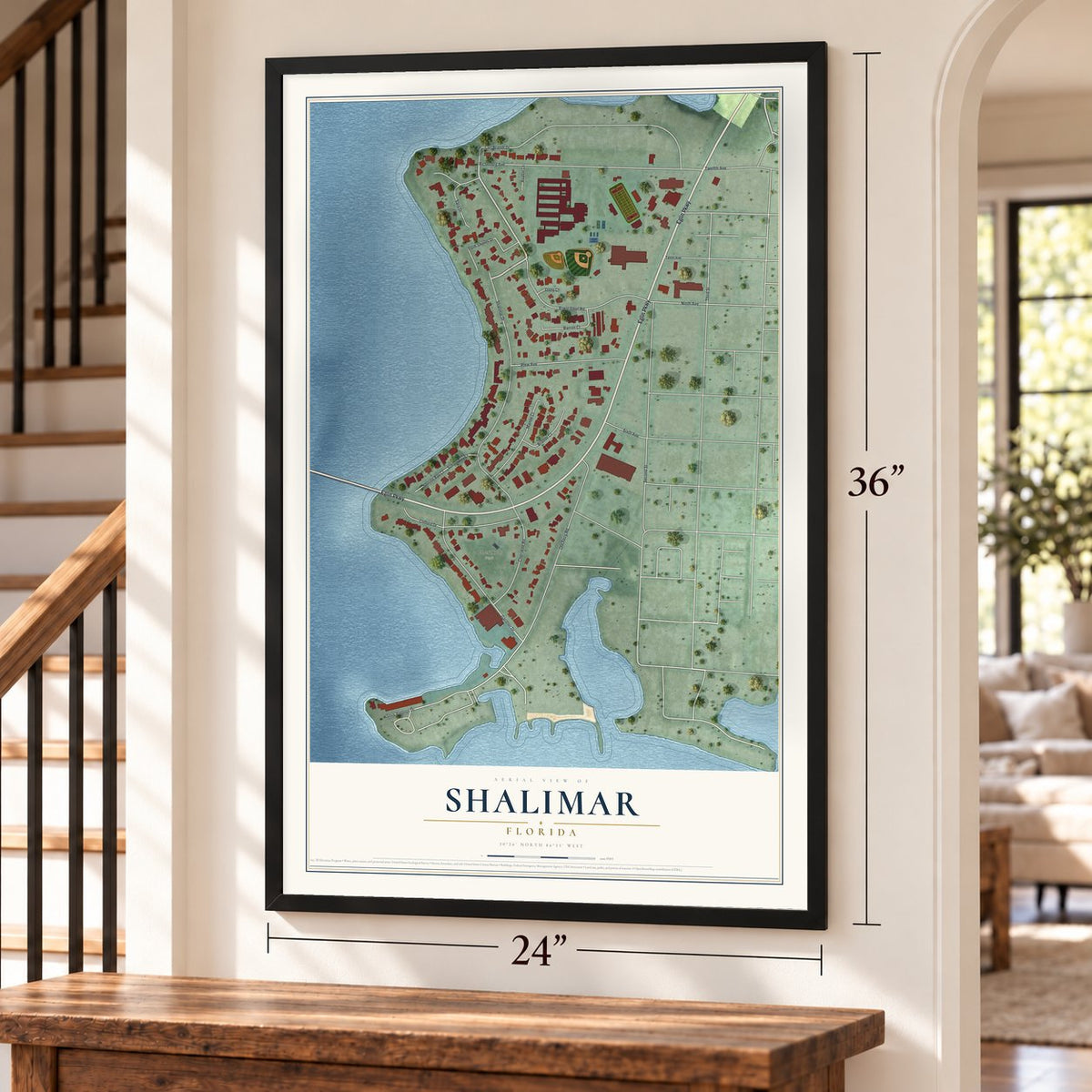 Shalimar, Florida map, 24 x 36 inch print in a black frame by a staircase