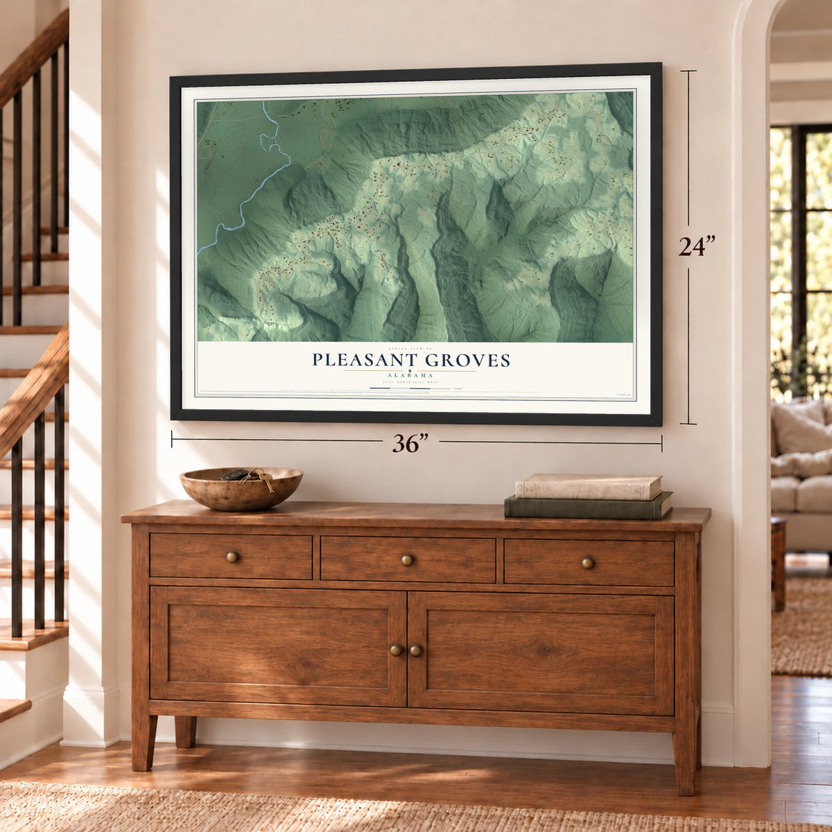 Pleasant Groves, Alabama map, 24 x 36 inch print in a black frame above a dresser by a staircase