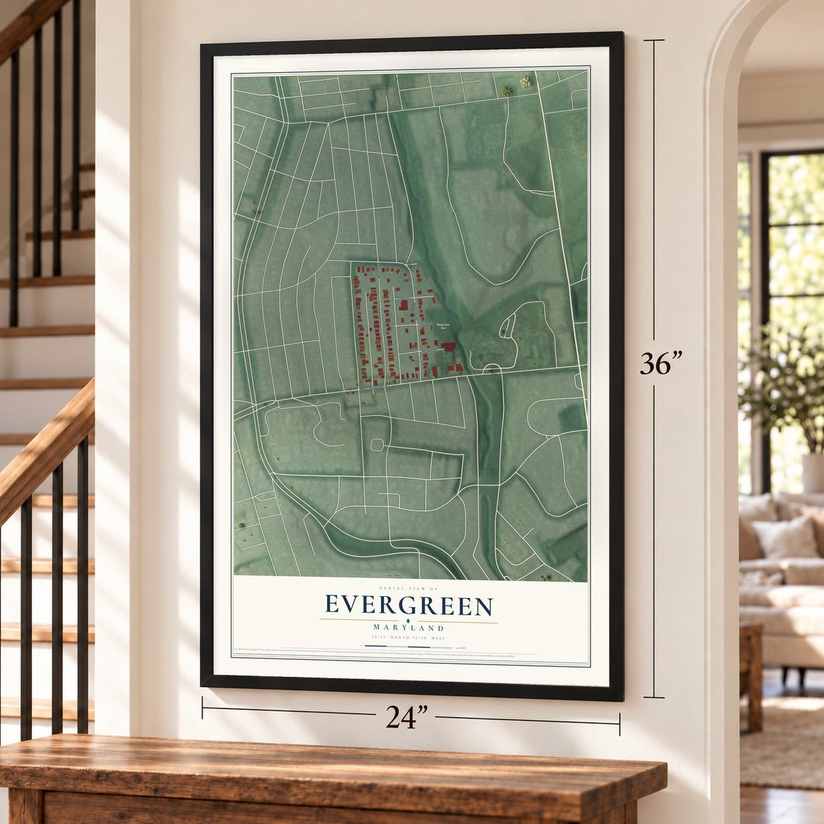 Evergreen, Maryland map, 24 x 36 inch print in a black frame by a staircase