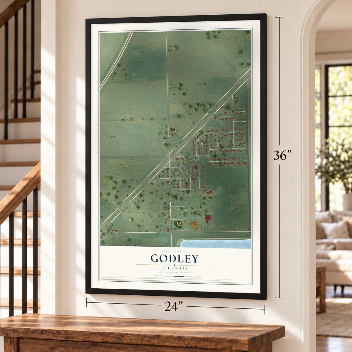 Godley, Illinois map, 24 x 36 inch print in a black frame by a staircase