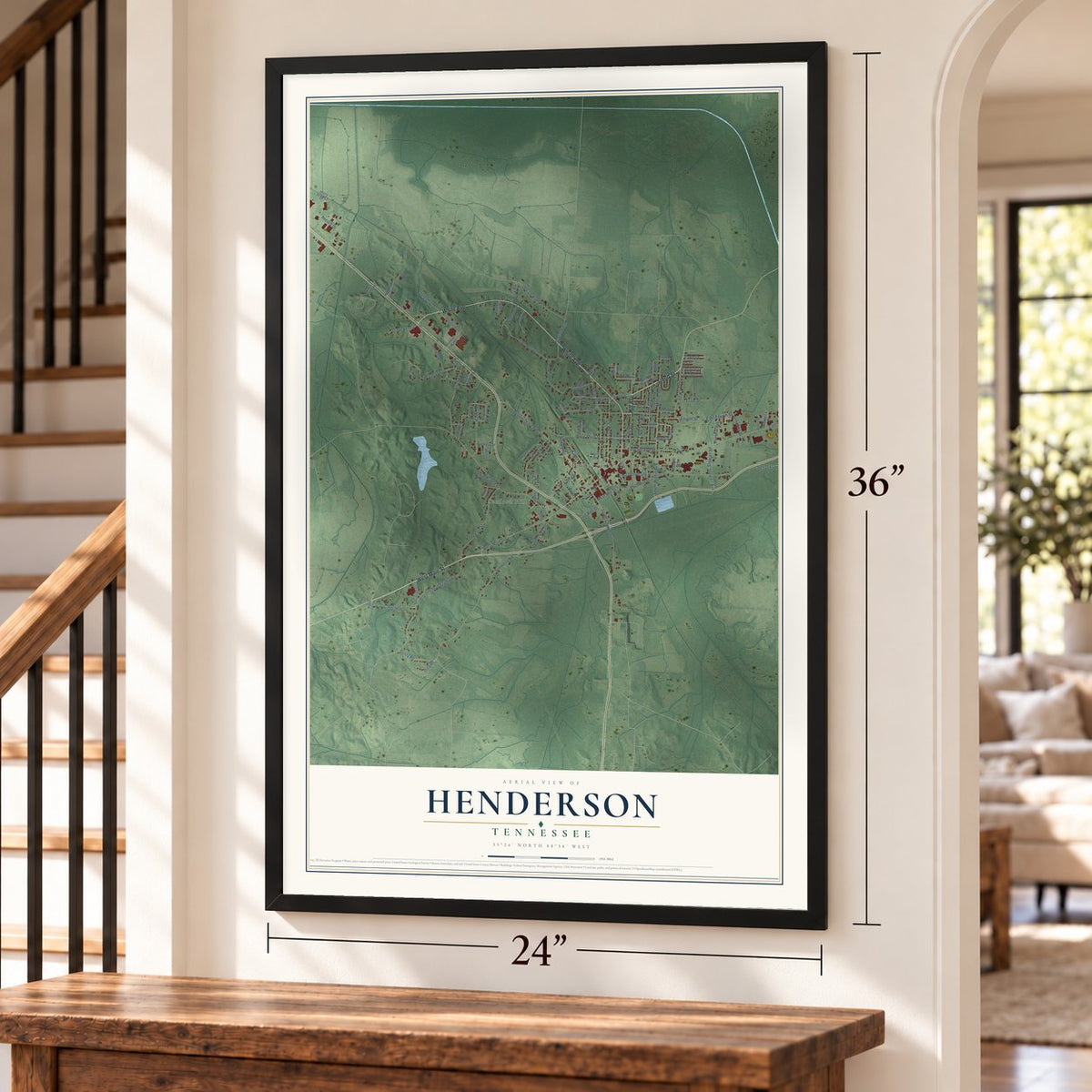 Henderson, Tennessee map, 24 x 36 inch print in a black frame by a staircase