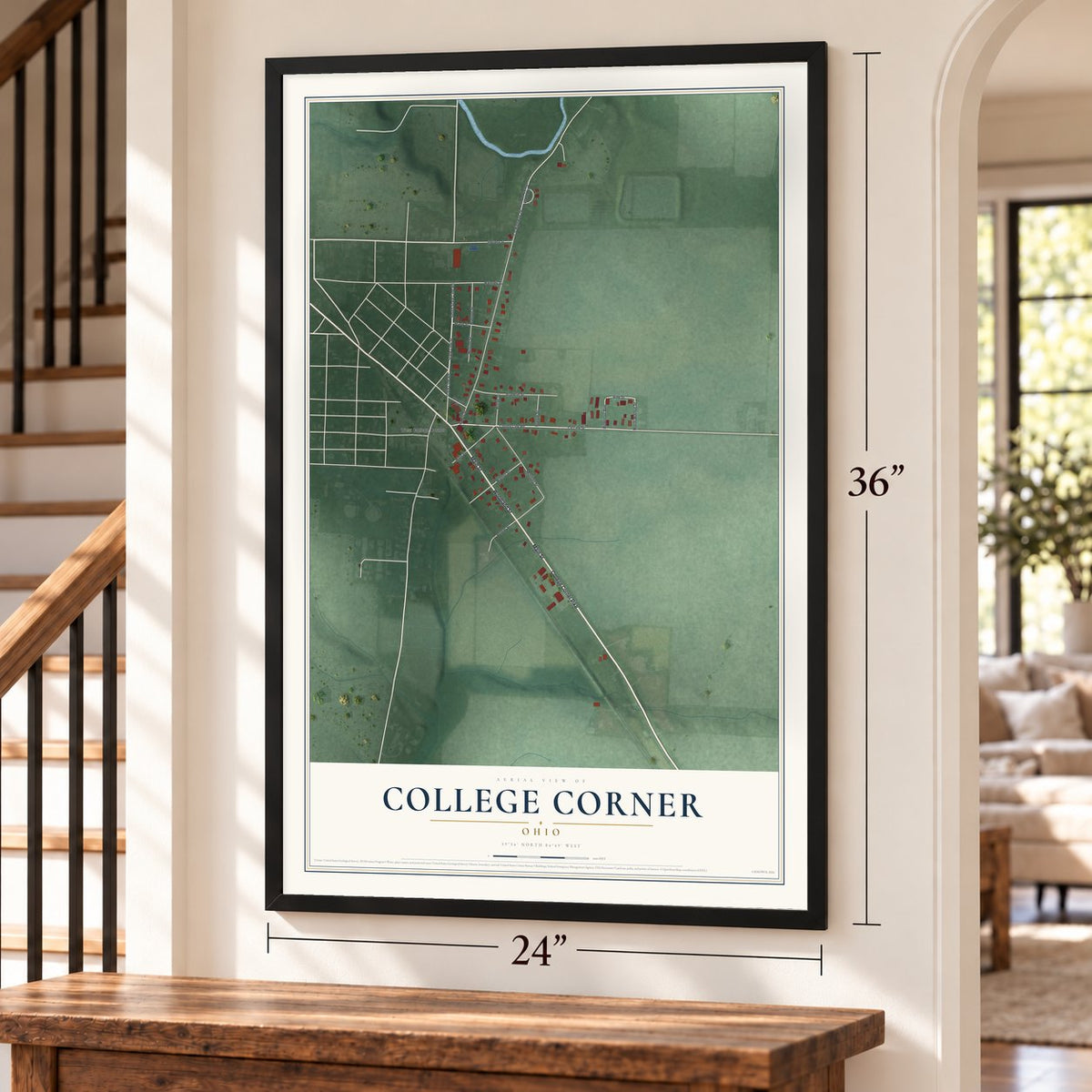 College Corner, Ohio map, 24 x 36 inch print in a black frame by a staircase