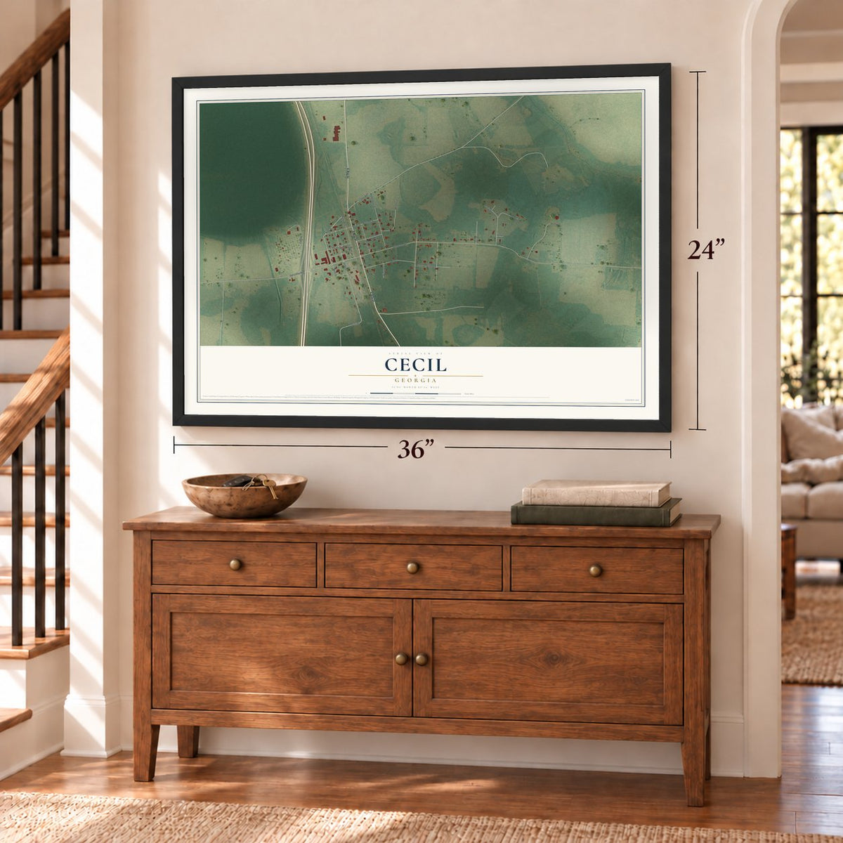 Cecil, Georgia map, 24 x 36 inch print in a black frame above a dresser by a staircase