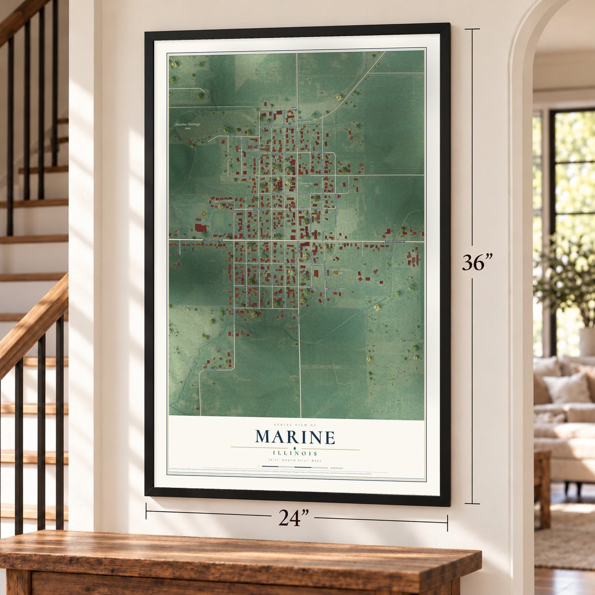 Marine, Illinois map, 24 x 36 inch print in a black frame by a staircase