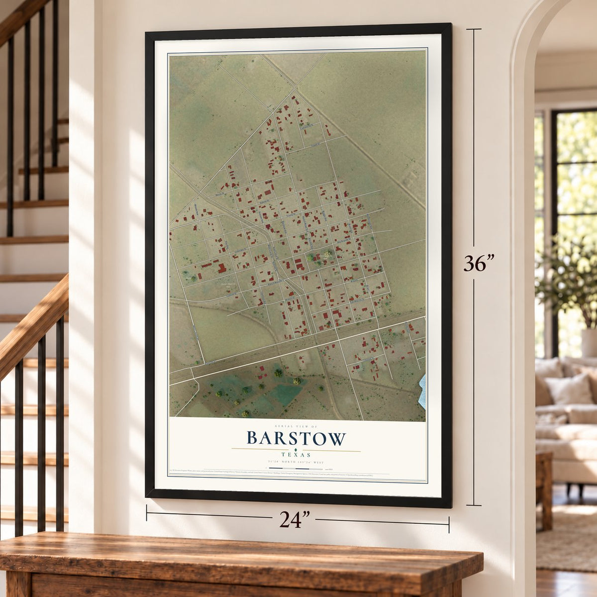 Barstow, Texas map, 24 x 36 inch print in a black frame by a staircase